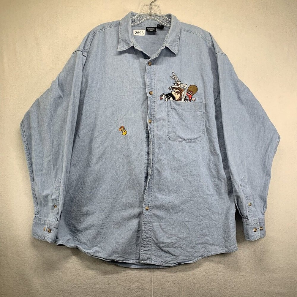 Vintage WARNER BROS. STUDIO Shirt Blue Denim Cotton Men's Looney Tunes Large